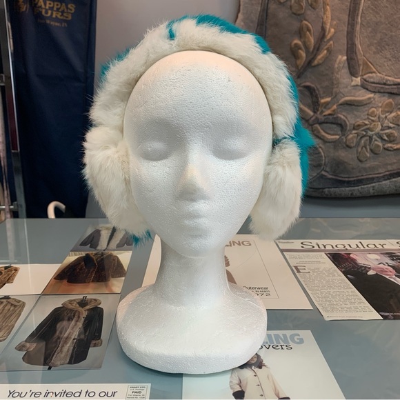 Genuine Fur Teal Blue Stripe Ear Muffs - Picture 2 of 6